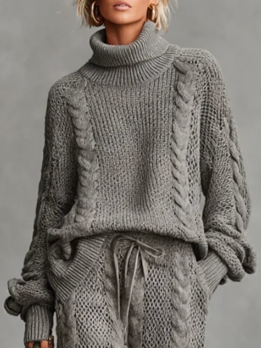 MODESEES Women's Gray Casual Cable Knit Turtleneck Sweater, Size L